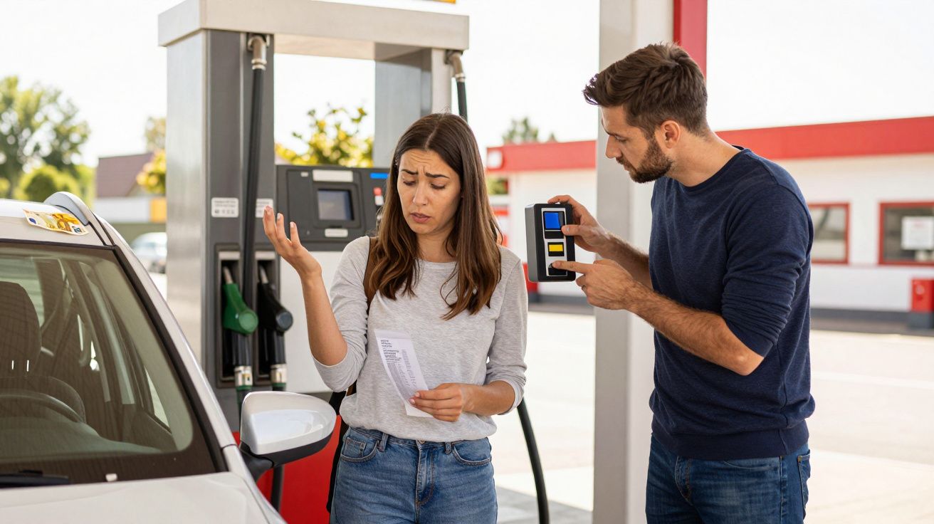 Casal numa bomba de gasolina, mulher preocupada a olhar para conta e homem a mostrar um dispositivo de pagamento.