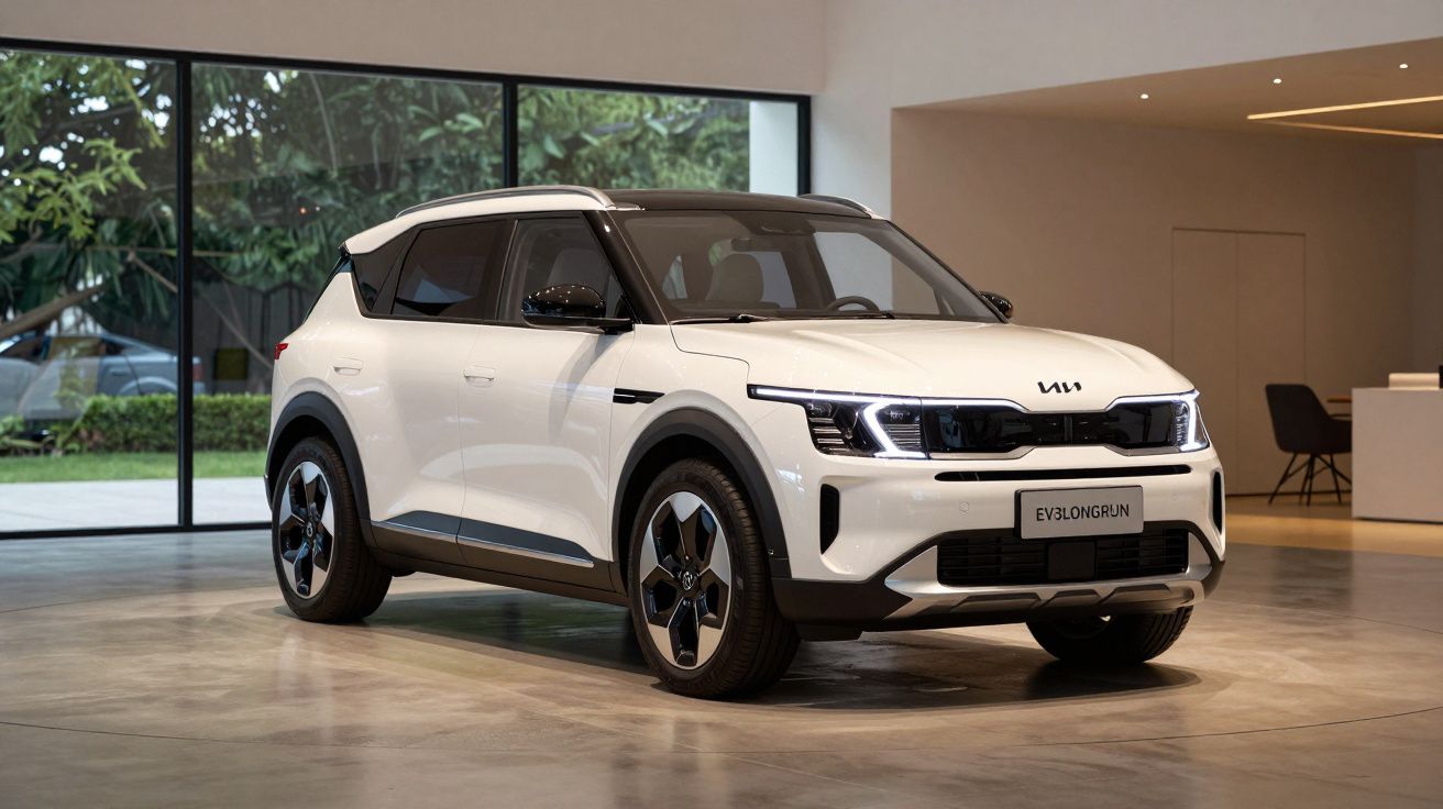 SUV elétrico branco Kia EV3 Longrun estacionado em espaço moderno com janelas amplas e jardim exterior visível.