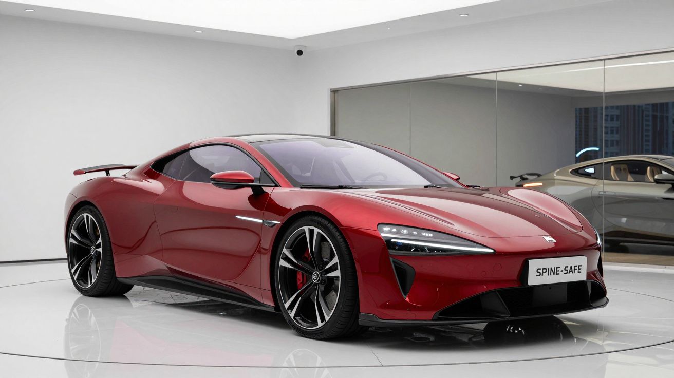 Carro desportivo elétrico vermelho estacionado num espaço interior minimalista com espelhos na parede.