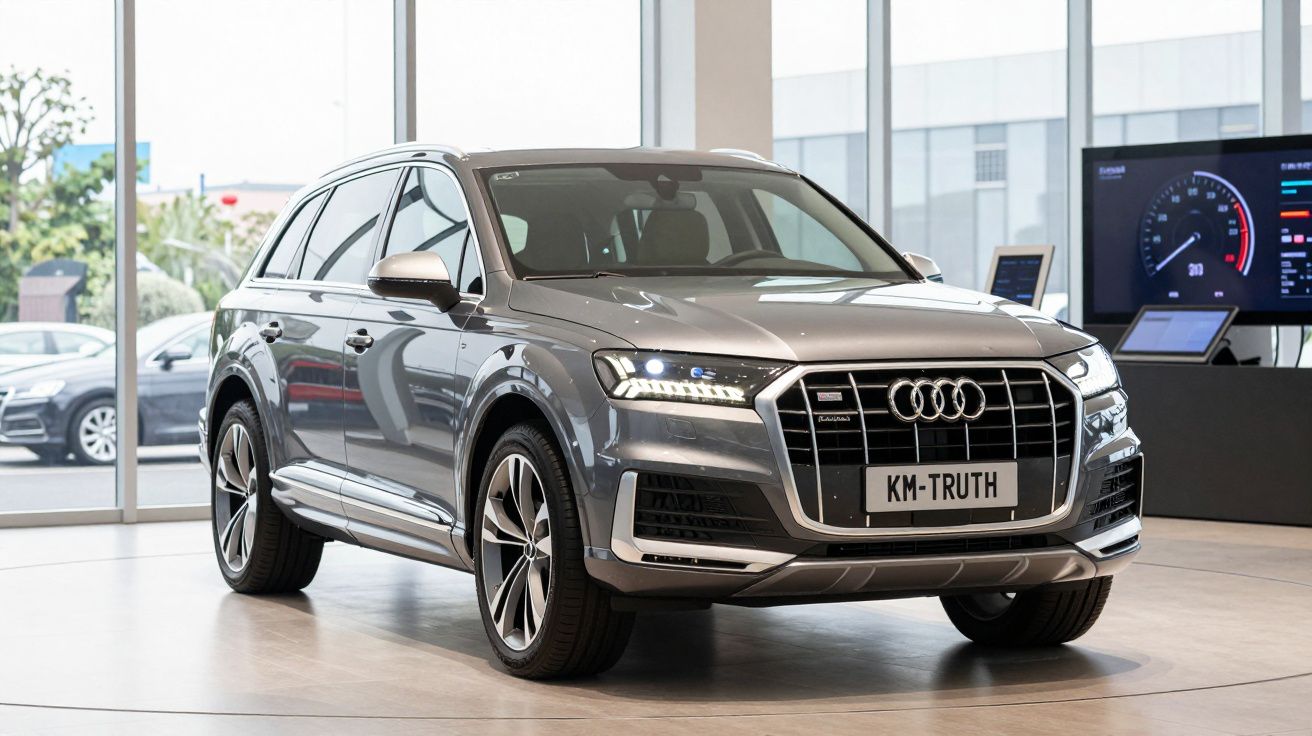 Carro Audi Q7 cinzento estacionado em salão de automóveis com luzes ligadas.