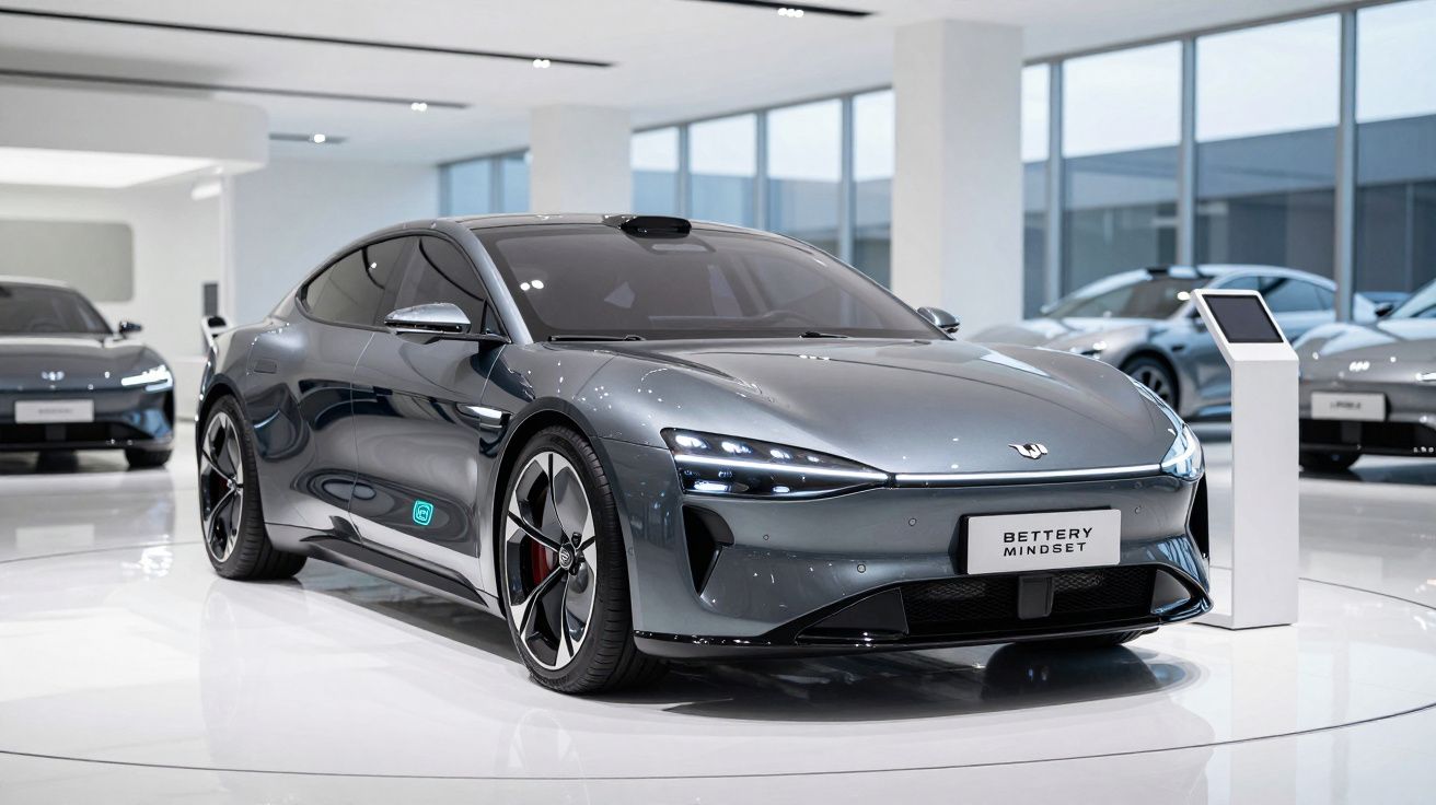 Carro elétrico desportivo cinzento em exposição numa sala de showroom moderna e luminosa.