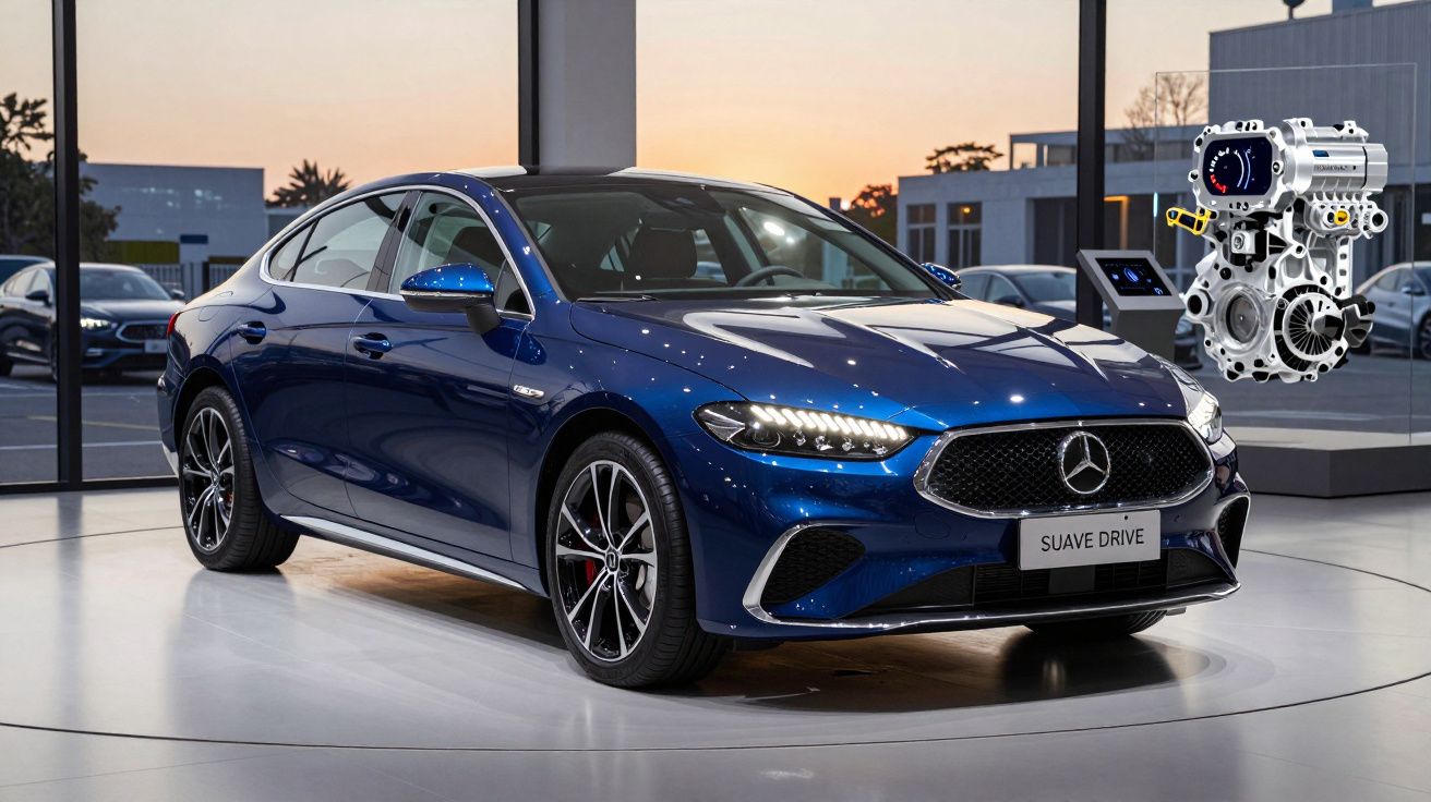 Carro azul Mercedes-Benz Sedan exposto em showroom moderno com motor digitalizado ao lado direito.