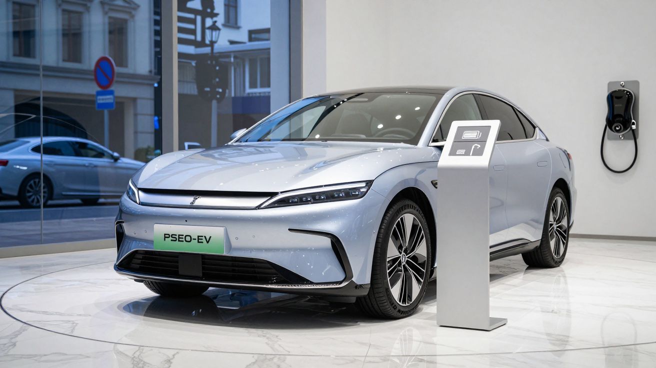 Carro elétrico cinzento prata PSEO-EV exposto em interior moderno com estação de carregamento mural.