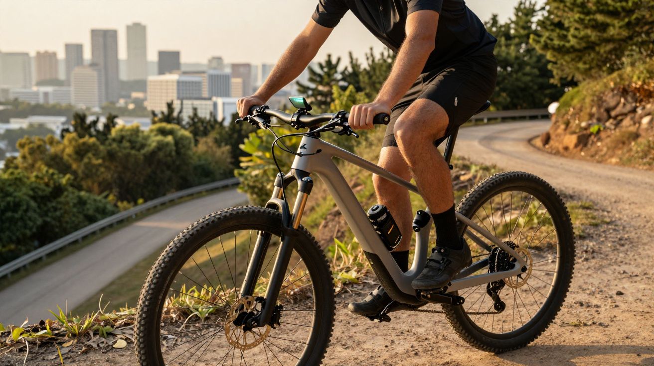 Pessoa a andar de bicicleta de montanha numa estrada de terra com cidade ao fundo ao pôr do sol.