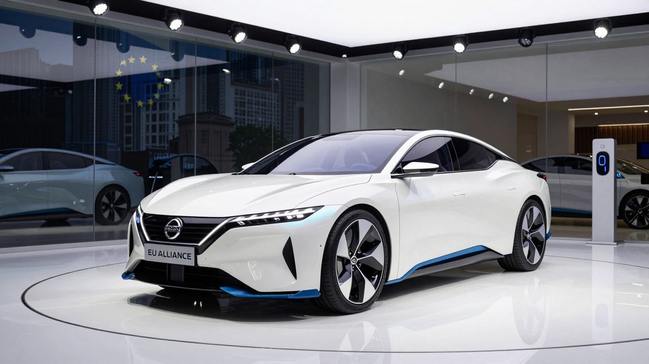 Carro elétrico elétrico branco Nissan em exposição num salão moderno com tomada de carregamento.