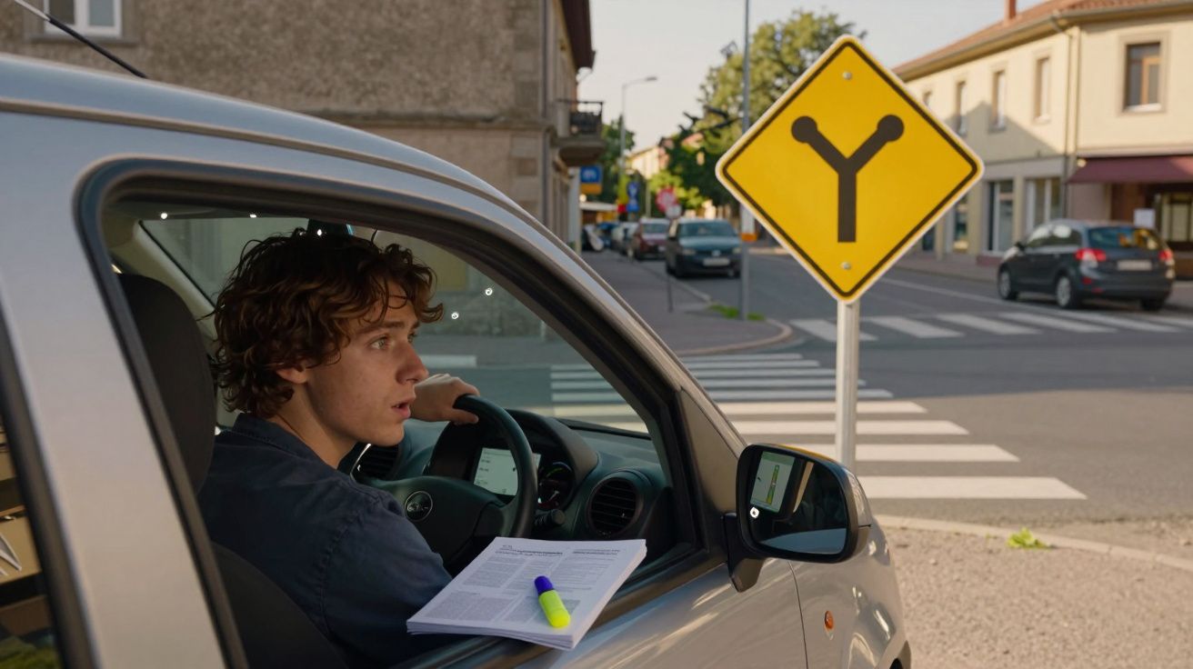 Jovem ao volante de carro parado num cruzamento com placa de sinalização de bifurcação à frente.
