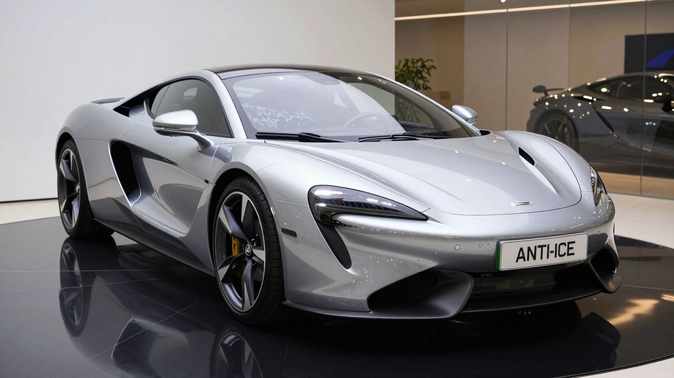 Carro desportivo prata McLaren estacionado em exposição interior com matrícula personalizada ANTI-ICE.