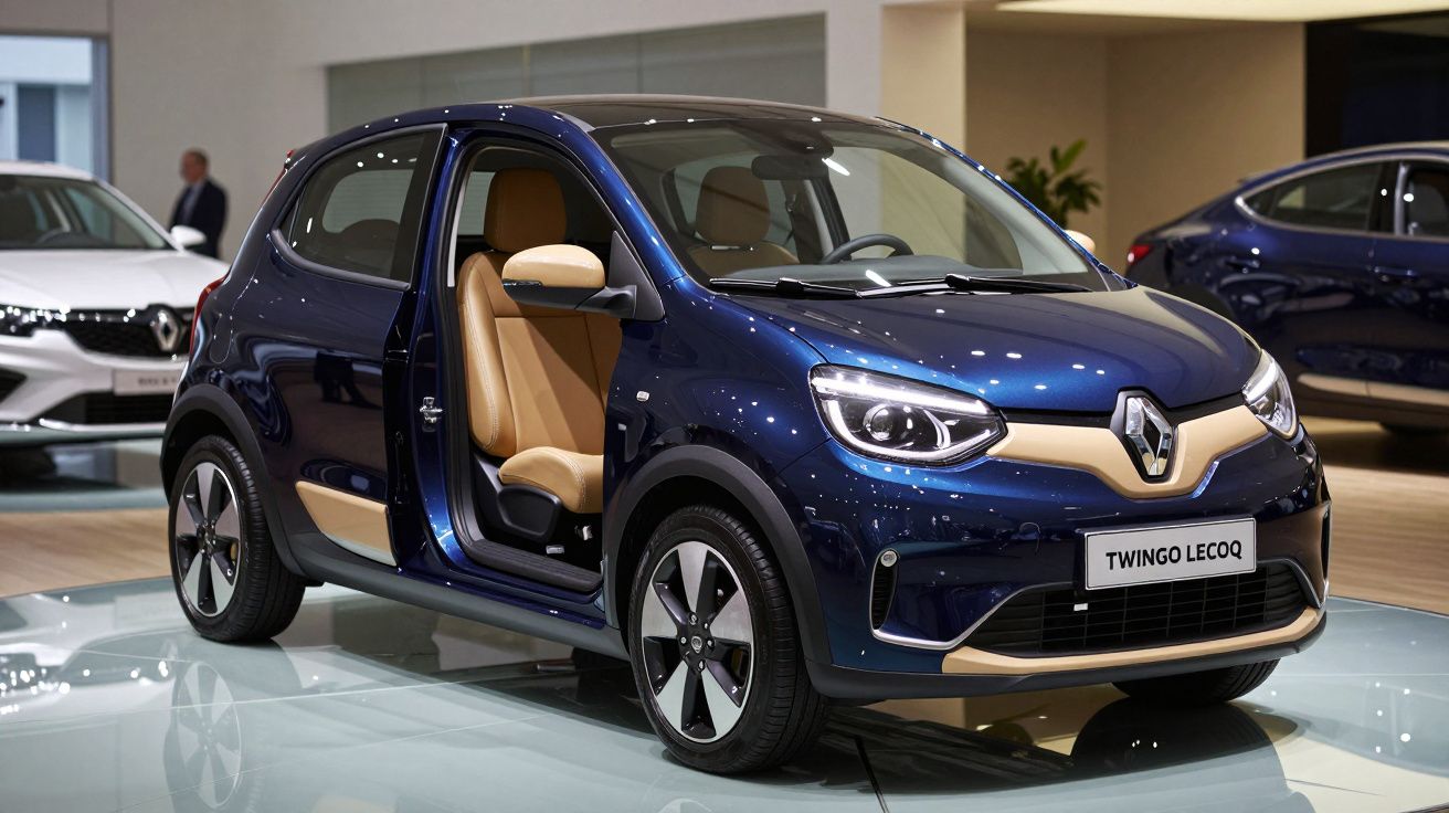 Carro compacto Renault Twingo Lecoq azul com portas abertas, interior bege, exposto em salão automóvel.
