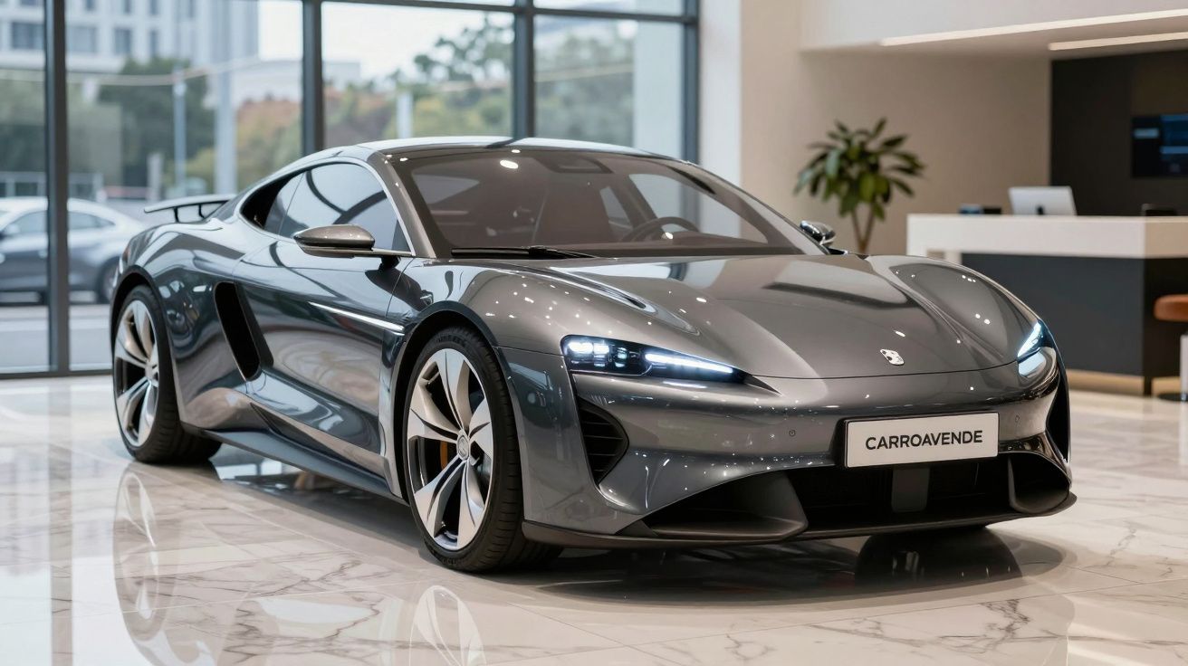 Carro desportivo elétrico cinza metálico exibido numa garagem moderna com chão de mármore.