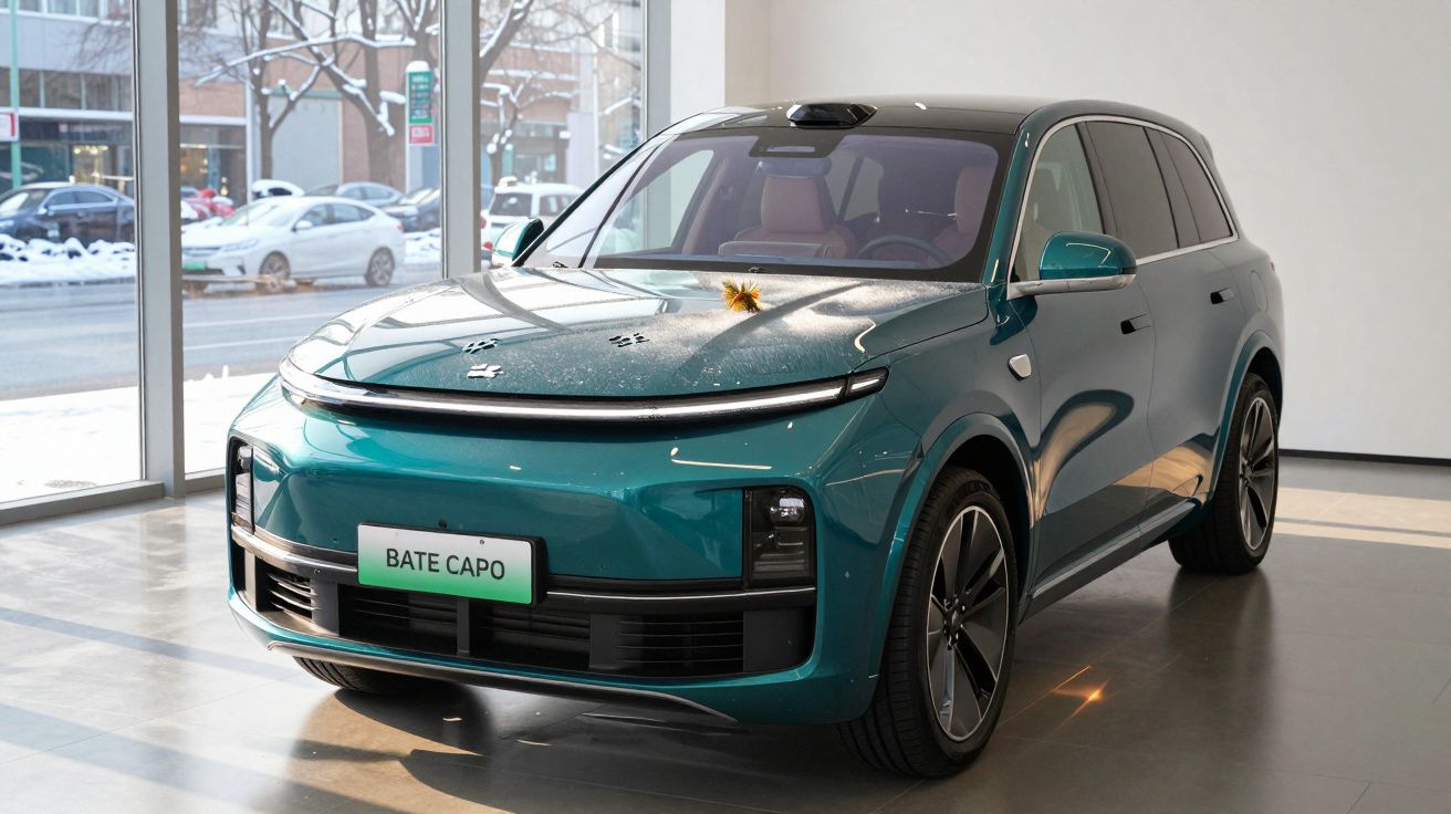 Carro elétrico verde metálico estacionado em interior com placa dianteira a dizer "BATE CAPO".