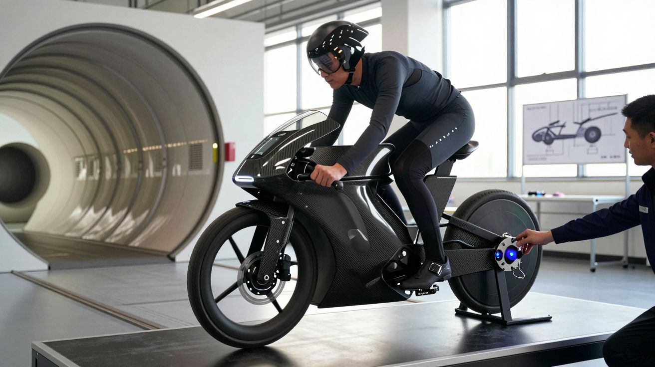 Pessoa em equipamento de proteção testa motocicleta elétrica futurista num túnel de vento.