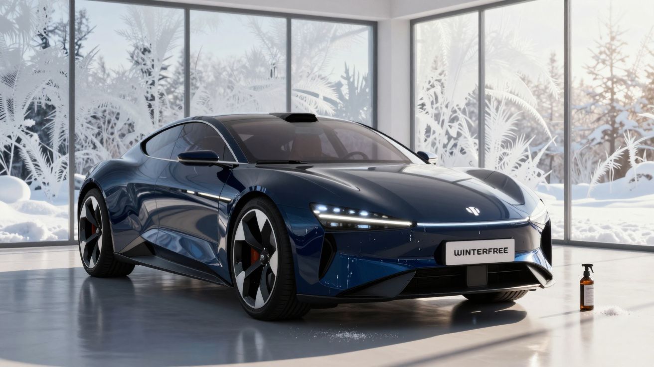 Carro desportivo azul escuro num espaço interior com grandes janelas mostrando paisagem de neve exterior.