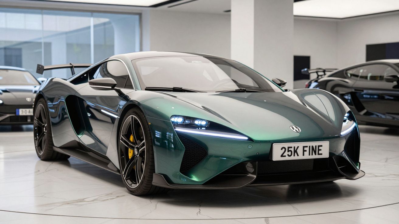 Carro desportivo verde metálico estacionado num showroom com faróis acesos e matrícula 25K FINE.