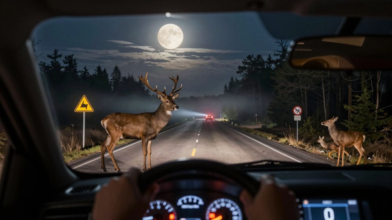 Veado atravessa estrada à noite sob a luz da lua, visto do interior de um carro em movimento.
