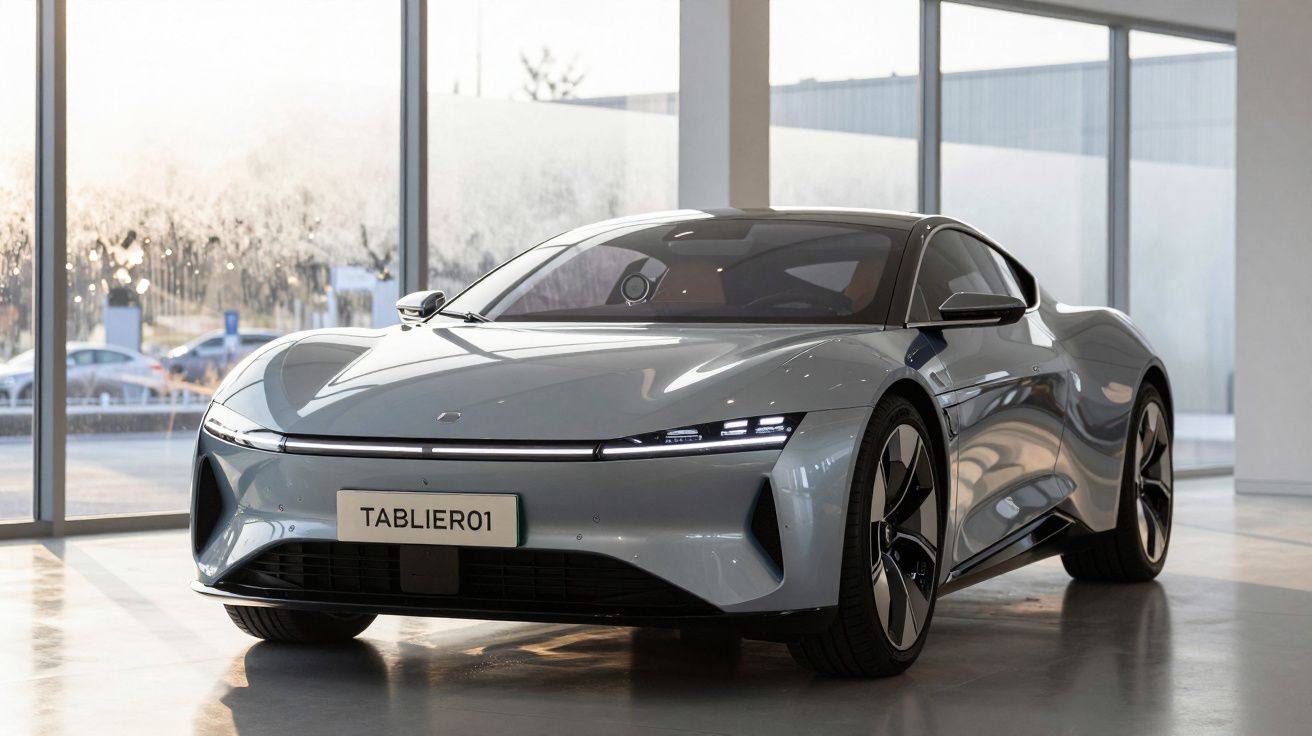 Carro elétrico desportivo cinza estacionado numa garagem moderna com janelas amplas.