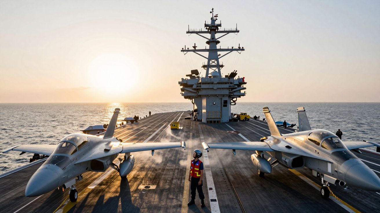 Porta-aviões no mar ao pôr do sol com dois aviões de combate estacionados no convés.