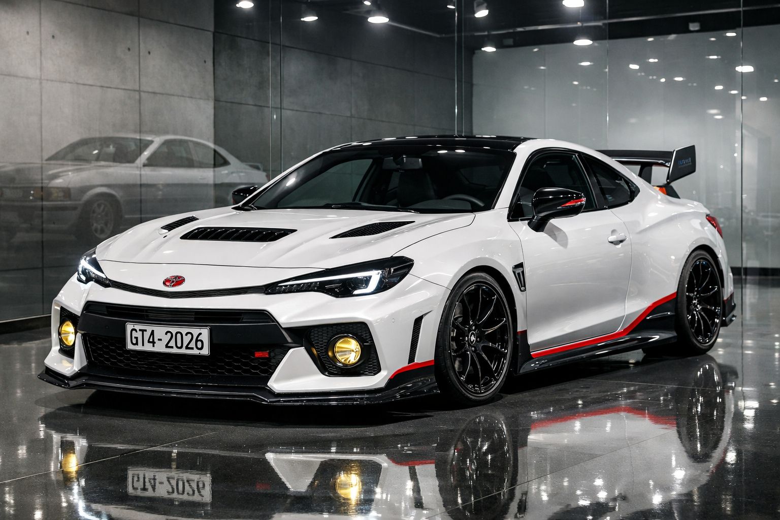 Carro desportivo branco com detalhes pretos e vermelhos, estilo racing, estacionado em garagem moderna e refletida no chão.