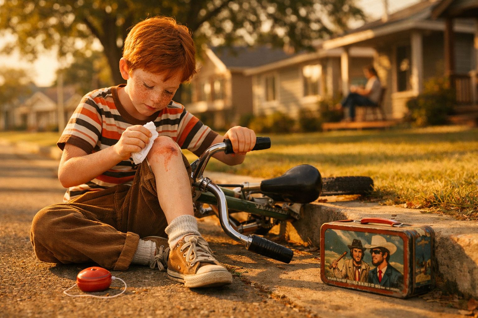Menino ruivo sentado na calçada a limpar um arranhão no joelho com bicicleta caída atrás e lancheira ao lado.