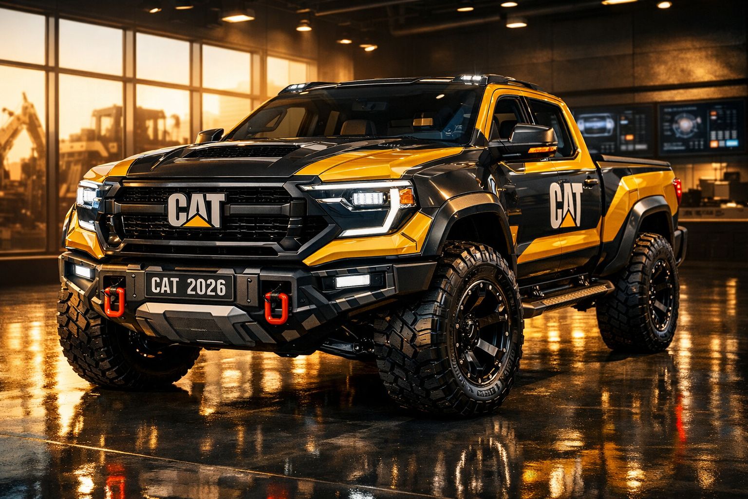 Picape CAT robusta preta e amarela num ambiente industrial moderno com reflexo no chão.